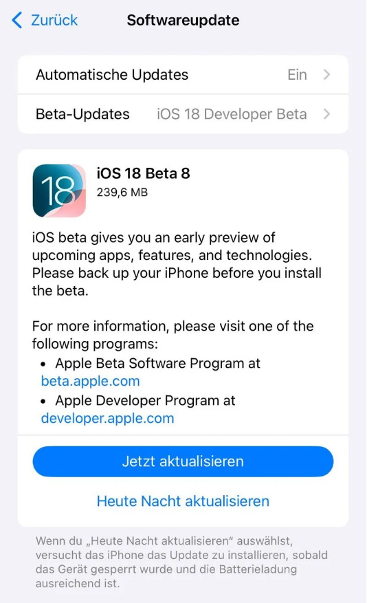 五家渠苹果手机维修分享苹果 iOS / iPadOS 18 开发者预览版 Beta 8 发布 